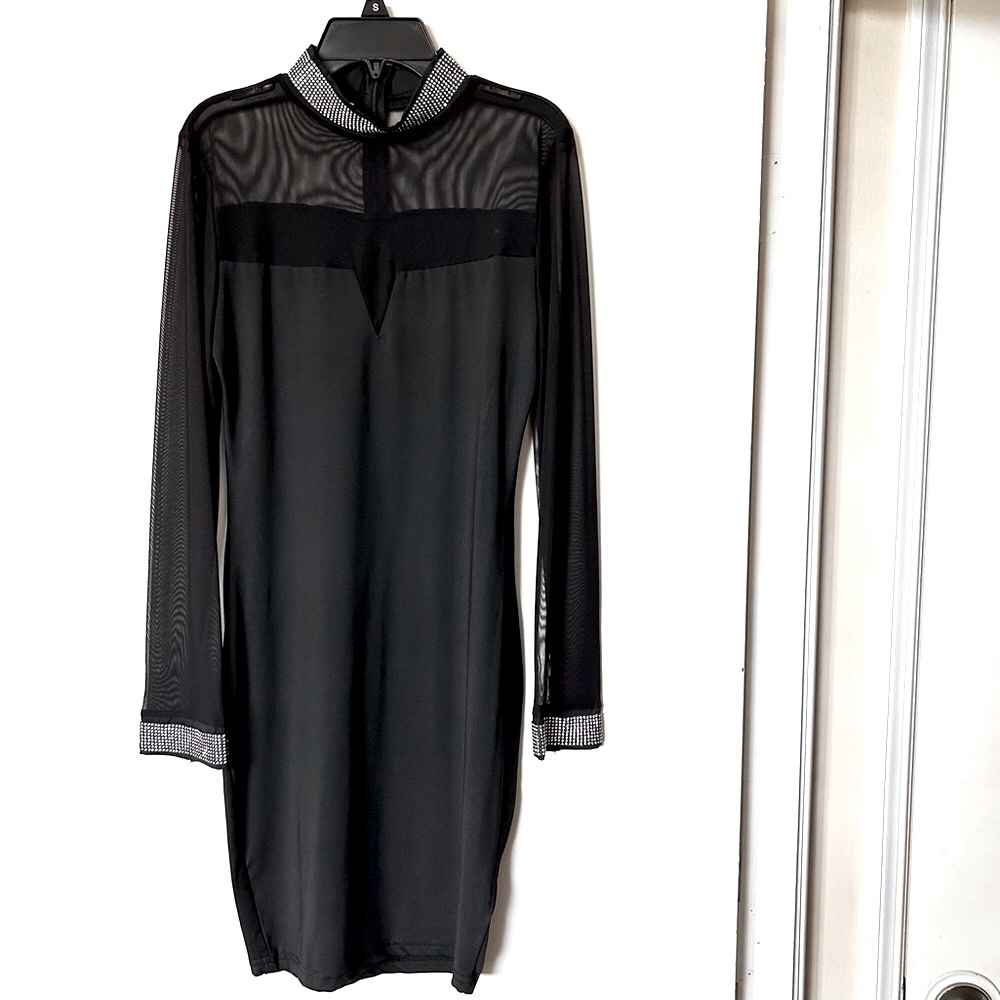NWOT CBR Black Long Sleeve High Neck Rhinestone Sheer Mesh Midi Dress, Size M